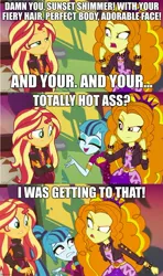 Size: 889x1497 | Tagged: safe, derpibooru import, edit, edited screencap, screencap, adagio dazzle, sonata dusk, sunset shimmer, equestria girls, equestria girls series, sunset's backstage pass!, spoiler:eqg series (season 2), caption, image, image macro, jpeg, text, vulgar