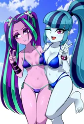 Size: 1492x2200 | Tagged: suggestive, artist:nekojackun, derpibooru import, aria blaze, sonata dusk, equestria girls, aria blaze is not amused, asymmetrical docking, barefoot, belly button, bikini, breast size difference, breasts, clothes, duo, duo female, feet, female, gritted teeth, image, lidded eyes, micro bikini, one eye closed, open mouth, open smile, peace sign, pigtails, png, ponytail, smiling, swimsuit, teeth, thigh gap, twintails, unamused, wink