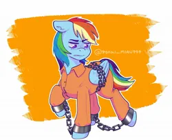 Size: 2047x1667 | Tagged: safe, artist:ponkdy_, derpibooru import, rainbow dash, pegasus, bound wings, chained, chains, clothes, cuffed, cuffs, frustrated, image, jpeg, jumpsuit, orange background, prison outfit, prisoner rd, shackles, simple background, wings