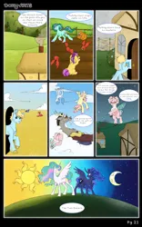 Size: 2000x3200 | Tagged: safe, artist:dozyarts, derpibooru import, discord, princess celestia, princess luna, oc, oc:lopy, pony, comic:dozy, image, png, xloud