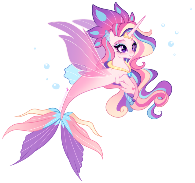 Size: 1280x1204 | Tagged: safe, artist:gihhbloonde, derpibooru import, alicorn, merpony, seapony (g4), bubble, crown, dorsal fin, eyelashes, eyeshadow, female, fin, fin wings, fins, fish tail, flowing mane, flowing tail, horn, image, jewelry, long horn, magical lesbian spawn, makeup, necklace, offspring, parent:princess cadance, parent:queen novo, png, purple eyes, regalia, seaponified, simple background, smiling, solo, species swap, tail, transparent background, wings