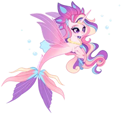 Size: 1280x1204 | Tagged: safe, artist:gihhbloonde, derpibooru import, alicorn, merpony, seapony (g4), bubble, crown, dorsal fin, eyelashes, eyeshadow, female, fin, fin wings, fins, fish tail, flowing mane, flowing tail, horn, image, jewelry, long horn, magical lesbian spawn, makeup, necklace, offspring, parent:princess cadance, parent:queen novo, png, purple eyes, regalia, seaponified, simple background, smiling, solo, species swap, tail, transparent background, wings