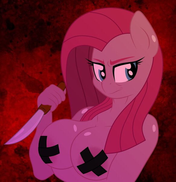 Size: 1280x1317 | Tagged: questionable, artist:isaac_pony, derpibooru import, pinkie pie, anthro, angry, big breasts, breasts, female, holding, image, jpeg, knife, nipple tape, nipples, nudity, pasties, pinkamena diane pie, solo, solo female