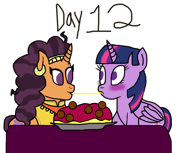 Size: 3455x3000 | Tagged: safe, artist:bigpurplemuppet99, derpibooru import, saffron masala, twilight sparkle, blushing, female, food, image, lesbian, pasta, png, shipping, spaghetti