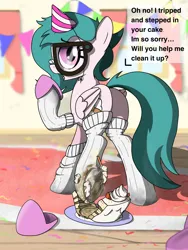 Size: 3000x4000 | Tagged: suggestive, artist:flaremoon, oc, oc:hazy breeze, pegasus, pony, cake, clothes, dirty socks, female, fetish, food, glasses, hat, hoof fetish, hooves, image, looking at you, mare, party, party hat, png, raised hoof, slippers, sock fetish, socks, speech bubble, stepping on something, text