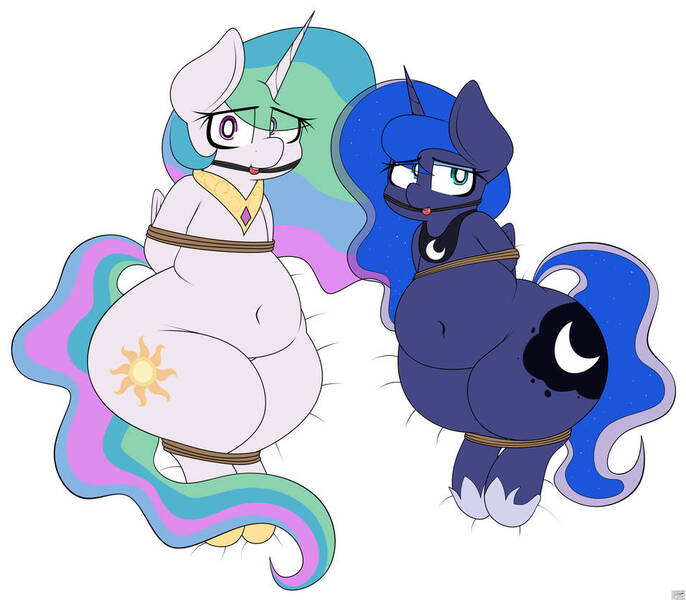 Size: 956x836 | Tagged: suggestive, artist:blitzyflair, derpibooru import, princess celestia, princess luna, arm behind back, ballgag, bbw, belly, big belly, bondage, damsel in distress, fat, femsub, gag, image, jpeg, lunasub, simple background, sublestia, submissive, tied up, white background