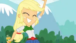 Size: 3072x1727 | Tagged: safe, derpibooru import, screencap, applejack, human, dance magic, equestria girls, spoiler:eqg specials, belt, belt buckle, cider, clothes, cute, denim, denim skirt, eyes closed, grin, image, jackabetes, jpeg, skirt, smiling, solo