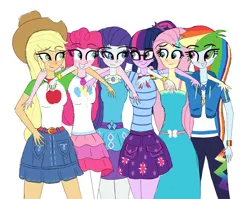 Size: 5156x4102 | Tagged: safe, artist:malleymall, derpibooru import, applejack, fluttershy, pinkie pie, rainbow dash, rarity, sci-twi, twilight sparkle, human, equestria girls, absurd resolution, applejack's hat, blushing, clothes, cowboy hat, cute, dashabetes, diapinkes, equestria girls 10th anniversary, female, grin, hand on hip, hat, humane five, humane six, image, jackabetes, jacket, jewelry, looking at each other, looking at someone, multicolored hair, necklace, pants, png, rainbow, rainbow hair, raribetes, shirt, shyabetes, simple background, skirt, smiling, standing, teeth, twiabetes, white background, wristband