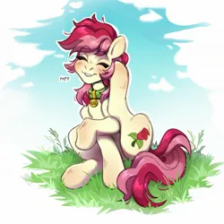 Size: 2007x2007 | Tagged: safe, artist:joowik, derpibooru import, roseluck, earth pony, pony, behaving like a cat, collar, commission, commissioner:doom9454, cute, cyrillic, eyes closed, image, jpeg, pet tag, pony pet, purring, rosepet, russian, scratching, solo, translated in the description