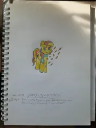 Size: 2849x3781 | Tagged: safe, artist:pink amena, derpibooru import, sunset shimmer, pony, unicorn, atg 2020, autumn leaves, colored pencil drawing, equestria girls 10th anniversary, image, jpeg, leaf, leaves, newbie artist training grounds, solo, traditional art