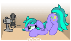 Size: 1200x699 | Tagged: safe, artist:silvaqular, derpibooru import, oc, oc:cyanette, unofficial characters only, earth pony, animated, blinking, fan, gif, gradient background, hair physics, heat, image, multicolored hair, multicolored mane, solo, tired