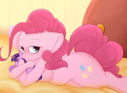 Size: 2048x1500 | Tagged: suggestive, artist:eventseem, derpibooru import, pinkie pie, twilight sparkle, anthro, earth pony, original species, plush pony, pony, unguligrade anthro, arm hooves, bed, bedroom, breasts, busty pinkie pie, butt, covering, covering breasts, female, floppy ears, image, lesbian, looking at you, mare, plushie, png, shipping, solo, twinkie, wide hips