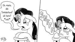 Size: 1200x675 | Tagged: safe, artist:pony-berserker, derpibooru import, rarity, female, image, implied trenderhoof, monochrome, png, pony-berserker's twitter sketches, pony-berserker's twitter sketches (2023), simple background, sniffing, solo, solo female, stool, white background