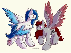 Size: 2048x1536 | Tagged: safe, derpibooru import, oc, oc:aurora, oc:skyfire lumia, unofficial characters only, pegasus, pony, were-pony, wolf, wolf pony, blue mane, commission, couple, gray coat, image, jpeg, paw pads, paws, red mane, spread wings, white coat, wings
