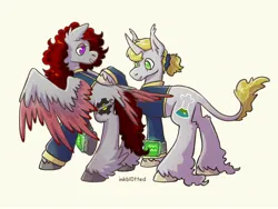 Size: 2048x1536 | Tagged: safe, derpibooru import, oc, oc:misty sparks, oc:skyfire lumia, unofficial characters only, pegasus, unicorn, fallout equestria, commission, couple, fallout equestria oc, gray coat, image, jpeg, pipbuck, red mane, unshorn fetlocks, yellow mane