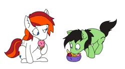 Size: 3400x1875 | Tagged: safe, artist:ponny, derpibooru import, oc, oc:anonfilly, oc:silverfoot, earth pony, pony, female, filly, food, ice cream, ice cream cone, image, licking, png, simple background, tongue out, white background