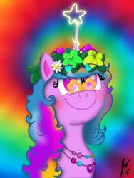 Size: 1620x2160 | Tagged: safe, artist:jesslmc16, derpibooru import, daisy, flower wishes, izzy moonbow, neon lights, rising star, pony, unicorn, g5, my little pony: make your mark, bridlewoodstock, bust, colored, digital art, eyelashes, fanart, female, floral head wreath, flower, flower in hair, image, jewelry, mare, multicolored hair, my little pony: make your mark chapter 4, necklace, png, portrait, procreate app, sunglasses