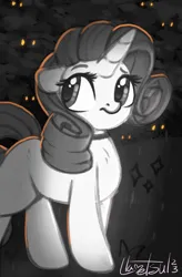 Size: 788x1200 | Tagged: safe, artist:llametsul, derpibooru import, rarity, oc, pony, unicorn, atg 2023, female, glow, glowing eyes, image, mare, monochrome, newbie artist training grounds, png, red eyes, signature, solo