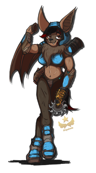 Size: 1500x2700 | Tagged: safe, alternate version, artist:alquimis, derpibooru import, oc, oc:rouse black, unofficial characters only, bat pony, semi-anthro, arm hooves, armor, bat wings, female, gun, hooves, image, mane, png, quake, rocket launcher, saw, simple background, solo, solo female, transparent background, weapon, wings