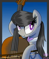 Size: 2500x3000 | Tagged: safe, artist:notadeliciouspotato, derpibooru import, octavia melody, earth pony, pony, abstract background, atg 2023, bow, bust, cello, female, gradient background, image, mare, musical instrument, necktie, newbie artist training grounds, png, signature, smiling, solo