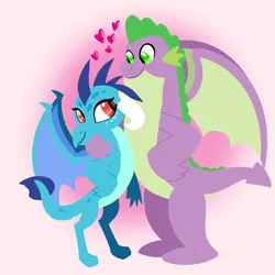 Size: 1400x1400 | Tagged: safe, artist:mlplary6, derpibooru import, princess ember, spike, dragon, emberspike, female, heart, image, looking at each other, looking at someone, love, male, older, older spike, png, shipping, smiling, smiling at each other, straight