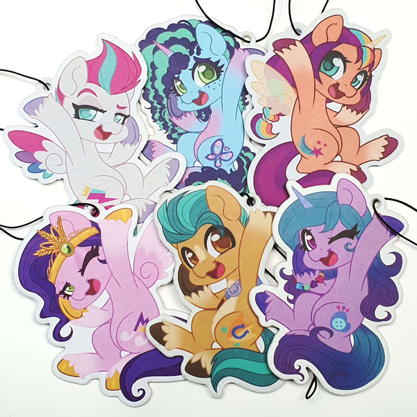 Size: 2442x2442 | Tagged: safe, derpibooru import, hitch trailblazer, izzy moonbow, pipp petals, sunny starscout, zipp storm, g5, air freshener, car, image, jpeg, misty brightdawn