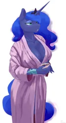 Size: 1816x3380 | Tagged: suggestive, artist:kelkessel, derpibooru import, princess luna, alicorn, anthro, absolute cleavage, big breasts, breasts, busty princess luna, cleavage, clothes, coffee, female, high res, image, jewelry, mug, png, regalia, robe, simple background, solo, white background, wide hips