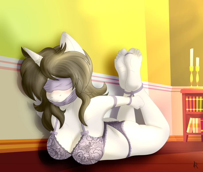 Size: 4208x3571 | Tagged: questionable, artist:digiqrow, oc, oc:solaria, anthro, plantigrade anthro, unicorn, blindfold, bondage, bra, clothes, feet, gag, hogtied, horn, horn ring, image, magic suppression, panties, png, ring, toe tied, toes, underwear, unicorn oc