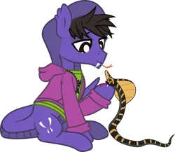 Size: 1761x1530 | Tagged: safe, artist:lightningbolt, derpibooru import, ponified, cobra, original species, pony, snake, snake pony, .svg available, clothes, cobra starship, derpibooru exclusive, fangs, forked tongue, gabe saporta, hood, hoodie, image, king cobra, lidded eyes, long sleeves, looking down, male, png, raised hoof, scales, shirt, show accurate, simple background, sitting, smiling, snake tail, solo, stallion, t-shirt, tail, transparent background, vector
