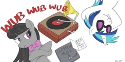Size: 1280x640 | Tagged: safe, artist:addelum, derpibooru import, octavia melody, vinyl scratch, earth pony, pony, unicorn, atg 2023, duo, female, image, jpeg, mare, newbie artist training grounds, octavia is not amused, phonograph, record, record player, simple background, tricked, unamused, upside down, white background, wub