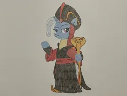 Size: 1280x960 | Tagged: safe, artist:don2602, derpibooru import, trixie, semi-anthro, unicorn, aladdin, clothes, cosplay, costume, crossover, disney, image, jafar, jpeg, solo, staff, traditional art