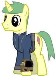 Size: 1185x1636 | Tagged: safe, artist:ponygamer2020, derpibooru import, oc, oc:daniel, unofficial characters only, pony, unicorn, fallout equestria, absurd resolution, clothes, fallout, horn, image, jumpsuit, male, pipboy, png, ponytail, simple background, smiling, solo, stallion, tail, transparent background, unicorn oc, vault suit, vector, wings