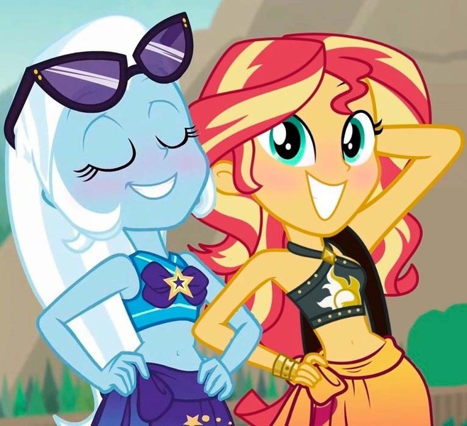 Size: 766x699 | Tagged: safe, derpibooru import, edit, edited screencap, editor:shadowdream, screencap, sunset shimmer, trixie, human, equestria girls, equestria girls (movie), equestria girls series, bare shoulders, belly button, blushing, clothes, cropped, eyes closed, female, image, jpeg, lesbian, long hair, sarong, shipping, smiling, suntrix