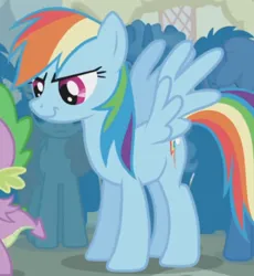 Size: 470x510 | Tagged: safe, derpibooru import, screencap, rainbow dash, pegasus, pony, boast busters, cropped, crowd, female, image, mare, png, ponyville, spread wings, standing, wings