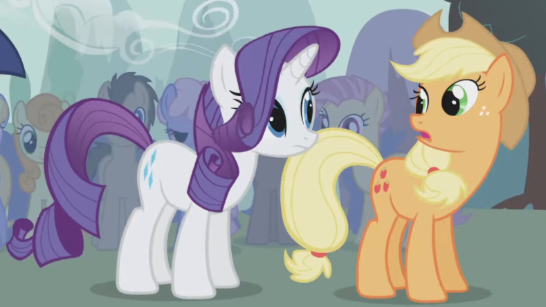 Size: 789x444 | Tagged: safe, derpibooru import, screencap, applejack, candy mane, carrot top, doctor whooves, golden harvest, rainbowshine, rarity, time turner, earth pony, pony, unicorn, boast busters, season 1, applebetes, applejack's hat, cowboy hat, cropped, crowd, cute, duo, duo female, female, freckles, frown, grass, hat, image, looking at each other, looking at someone, looking back, mare, open mouth, png, raribetes, standing, tree