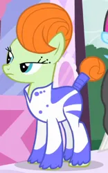 Size: 272x437 | Tagged: safe, derpibooru import, screencap, stella lashes, earth pony, pony, green isn't your color, season 1, bodysuit, carousel boutique, clothes, cropped, female, image, mare, png, solo, standing, stella, tail, tail bun