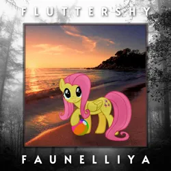 Size: 1280x1280 | Tagged: safe, artist:fluttershydairryxis, artist:fluttershyfaunelliya, derpibooru import, edit, editor:shadowdream, fluttershy, ponified, pegasus, pony, album cover, beach, beach ball, cover, forest, image, music, png, ponified album cover, solo, sunset, tree