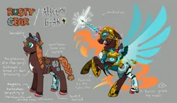 Size: 4096x2374 | Tagged: safe, artist:cracklewink, derpibooru import, oc, oc:rusty gear, unofficial characters only, earth pony, original species, amputee, artificial wings, augmented, braid, braided ponytail, braided tail, goggles, goggles on head, horse shoes, image, jpeg, ponytail, prosthetic horn, prosthetic limb, prosthetic wing, prosthetics, solo, star pony, tail, wings