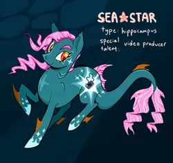 Size: 2047x1927 | Tagged: safe, artist:cracklewink, derpibooru import, oc, oc:sea star, unofficial characters only, hippocampus, merpony, original species, pony, dorsal fin, eyelashes, female, fin, fins, flowing mane, flowing tail, image, ocean, png, smiling, solo, swimming, tail, underwater, water