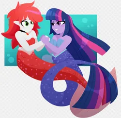 Size: 1206x1184 | Tagged: safe, artist:skulljooce, derpibooru import, sci-twi, twilight sparkle, oc, oc:pearl rose, mermaid, equestria girls, bubble, duo, eyelashes, female, fish tail, flowing hair, flowing mane, holding hands, image, looking at each other, looking at someone, mermaid sci-twi, mermaid tail, mermaidized, ocean, png, smiling, smiling at each other, species swap, swimming, tail, underwater, water