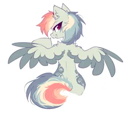 Size: 876x782 | Tagged: safe, artist:mirtash, derpibooru import, rainbow dash, pegasus, pony, alternate design, colored wings, ear fluff, ear piercing, earring, grin, image, jewelry, lidded eyes, looking at you, looking back, looking back at you, piercing, png, smiling, solo, spread wings, two toned wings, wings