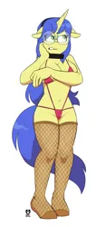 Size: 794x1704 | Tagged: suggestive, artist:redxbacon, derpibooru import, oc, oc:logical leap, unofficial characters only, anthro, unguligrade anthro, anthro oc, bikini, breasts, clothes, eyeroll, female, fishnets, glasses, hairband, image, png, simple background, sling bikini, solo, solo female, swimsuit, white background