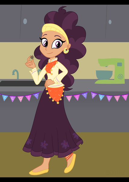 Size: 2768x3890 | Tagged: safe, artist:sjart117, derpibooru import, saffron masala, human, equestria girls, bunting, clothes, ear piercing, earring, equestria girls 10th anniversary, equestria girls-ified, female, image, jewelry, kitchen, long skirt, looking at you, piercing, png, skirt, solo