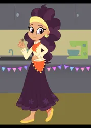 Size: 2768x3890 | Tagged: safe, artist:sjart117, derpibooru import, saffron masala, human, equestria girls, bunting, clothes, ear piercing, earring, equestria girls 10th anniversary, equestria girls-ified, female, image, jewelry, kitchen, long skirt, looking at you, piercing, png, skirt, solo