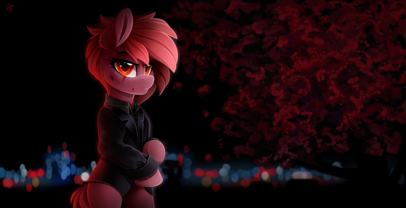 Size: 3500x1800 | Tagged: safe, artist:rainbowfire, derpibooru import, oc, unofficial characters only, earth pony, pony, business, business suit, businessmare, city, clothes, evil, female, image, injured, jacket, jewelry, john wick, looking at you, mare, night, png, raised hoof, red eyes, seriousness, simple background, solo, tree