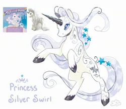 Size: 2218x1926 | Tagged: safe, artist:cracklewink, derpibooru import, princess silver swirl, pony, unicorn, g2, blue eyes, colored hooves, colored horn, horn, image, jpeg, rearing, simple background, solo, stars, stock vector, toy interpretation, white background