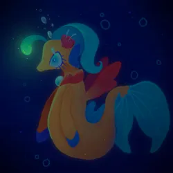 Size: 1440x1440 | Tagged: safe, artist:ariariari.png, derpibooru import, princess skystar, hippogriff, seapony (g4), my little pony: the movie, blue eyes, blue mane, bubble, crying, dark, dorsal fin, female, fin, fin wings, fins, fish tail, flower, flower in hair, flowing mane, flowing tail, glow, image, jewelry, jpeg, necklace, ocean, pearl necklace, solo, swimming, tail, underwater, water, wings