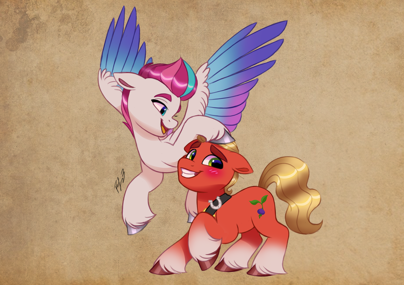 Size: 4961x3508 | Tagged: safe, artist:artharuhi, derpibooru import, sprout cloverleaf, zipp storm, earth pony, pegasus, pony, g5, my little pony: a new generation, blushing, brown background, commission, cute, drawing, female, flying, image, looking away, male, mare, png, shipping, signature, simple background, smiling, stallion, straight, teasing, zippsprout