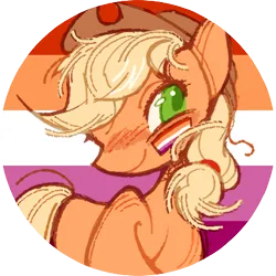 Size: 420x420 | Tagged: safe, artist:onionpwder, derpibooru import, part of a set, applejack, earth pony, pony, applejack's hat, cowboy hat, female, hat, icon, image, lesbian, lesbian pride flag, mouthpiece, png, politics, ponytail, pride, pride flag, solo