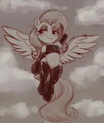 Size: 3172x3753 | Tagged: suggestive, artist:whiskeypanda, derpibooru import, fluttershy, pegasus, pony, armpits, blushing, clothes, female, flying, gloves, human shoulders, image, latex, latex gloves, latex socks, looking sideways, monochrome, png, socks, solo, solo female, spread wings, sultry pose, wide hips, wings, wip